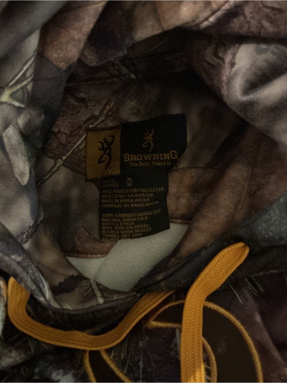 Browning Camo Hoodie with Yellow Drawstrings - Picture 3 of 3